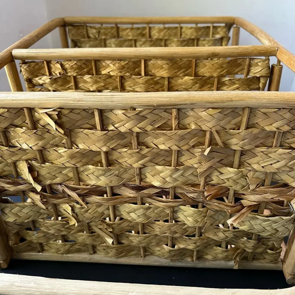 Vintage Wicker Rattan Wall Cabinet Shelf Hanging Bathroom Boho MCM Folding Towel